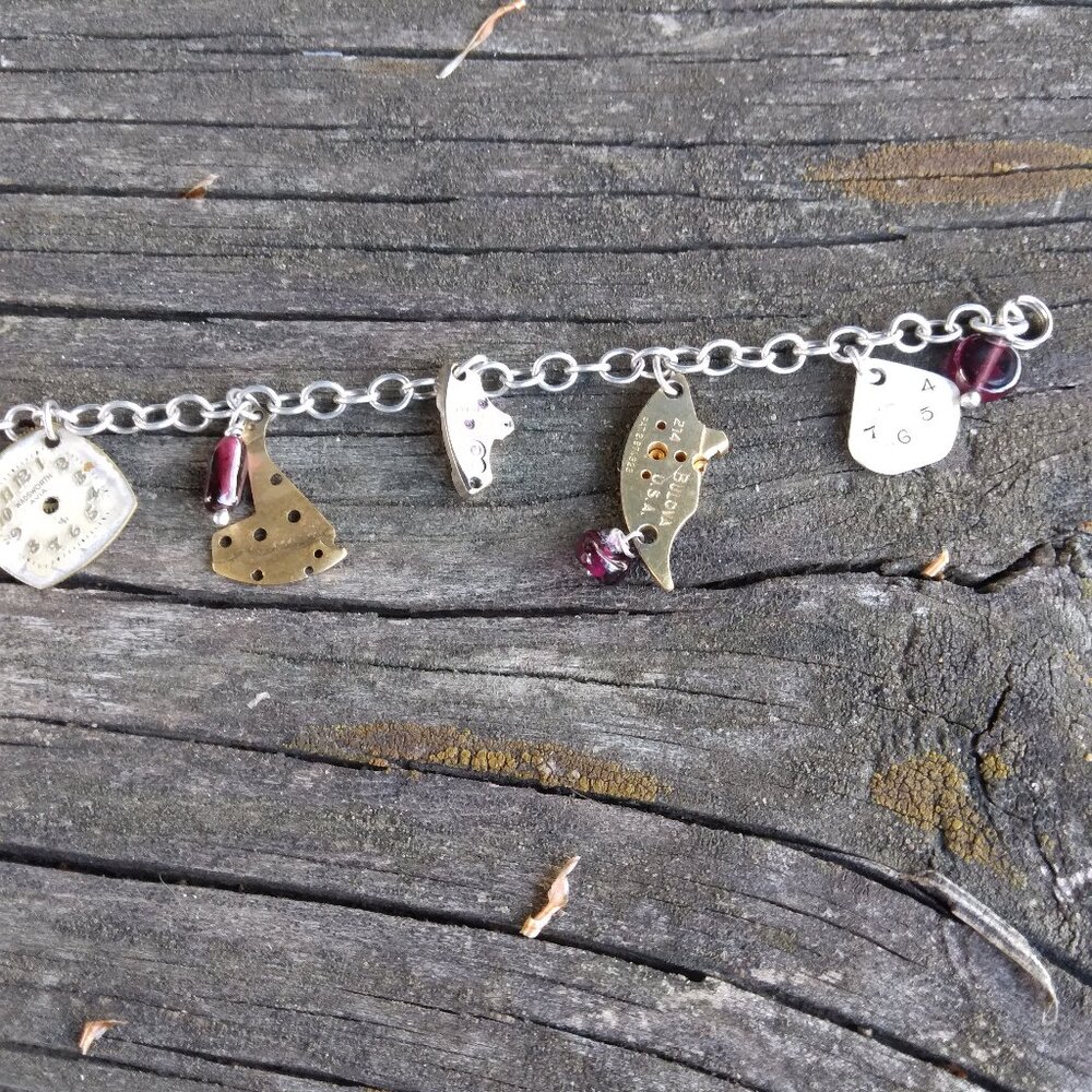 Vintage Sterling Steampunk Watch Parts Garnet Charm Bracelet - Picture 7 of 9